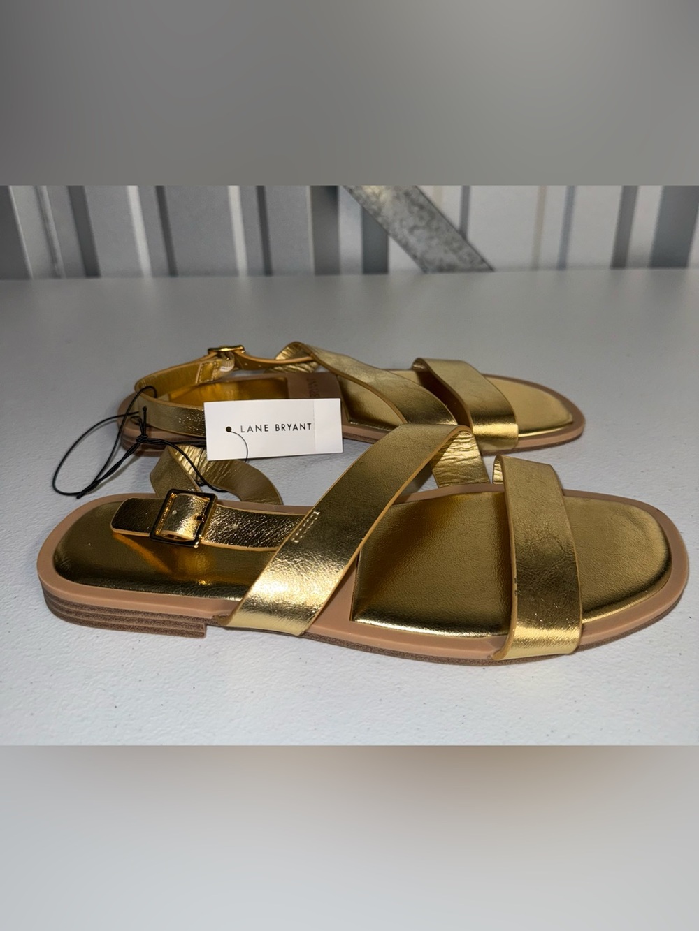 NWT Lane Bryant metallic gold crisscross ankle-strap flat sandals size 9W